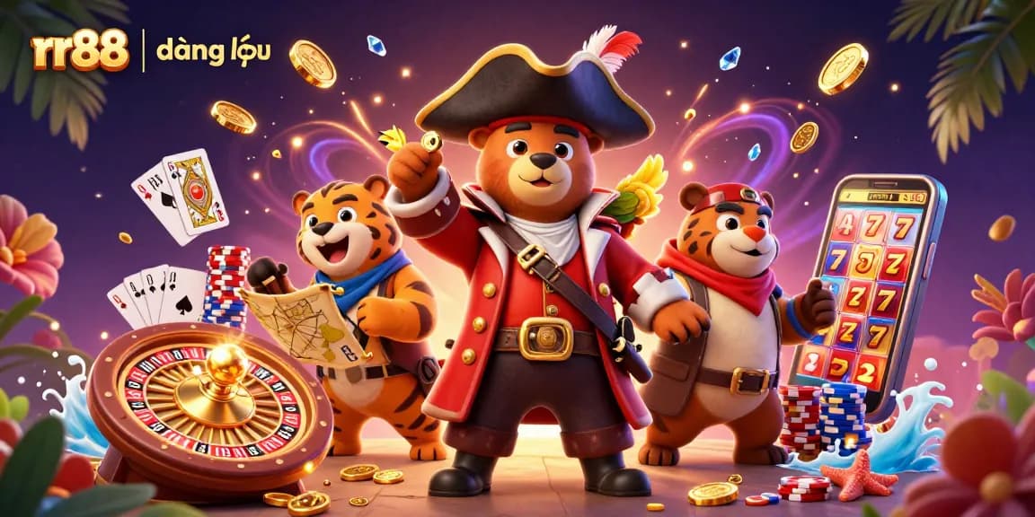 Experience thrilling rr88 | đăng nhập with a vibrant 3D casino adventure featuring a pirate bear and tiger.