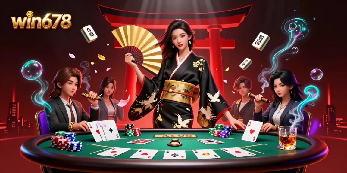 Experience excitement with win678 as an elegant woman reveals her winning hand at a vibrant casino.