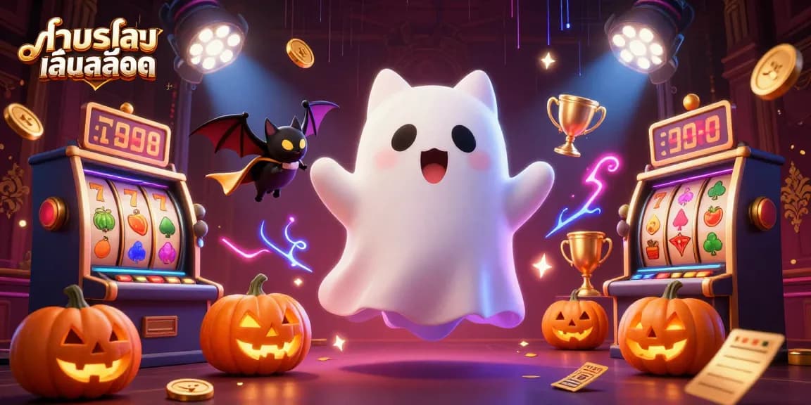 Play ทดลองเล่นสล็อต with a friendly ghost cat and slot machine in a vibrant casino scene.
