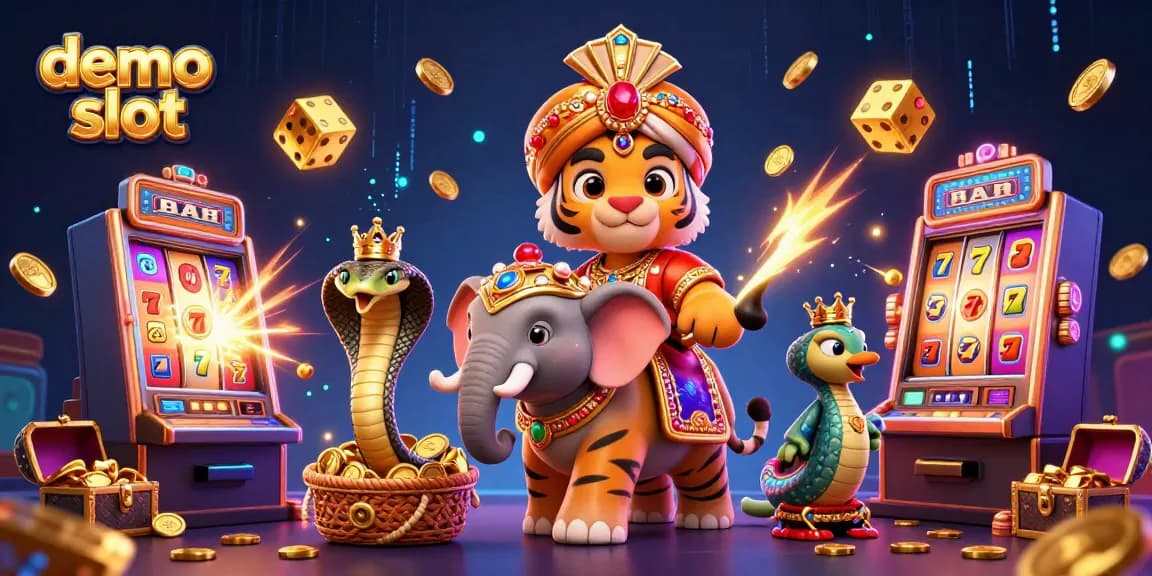 Spin and win with exciting demo slot games in a colorful, vibrant casino scene filled with gold and jackpot symbols.