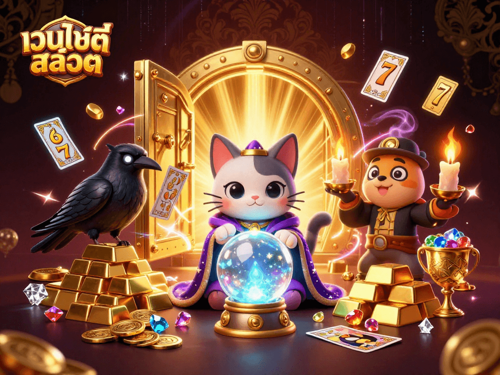 ภาพประกอบเว็บไซต์สล็อต ที่มีแมวทำนายโชค, นกที่แจกไพ่, และเปลวไฟเทียนระบำ
