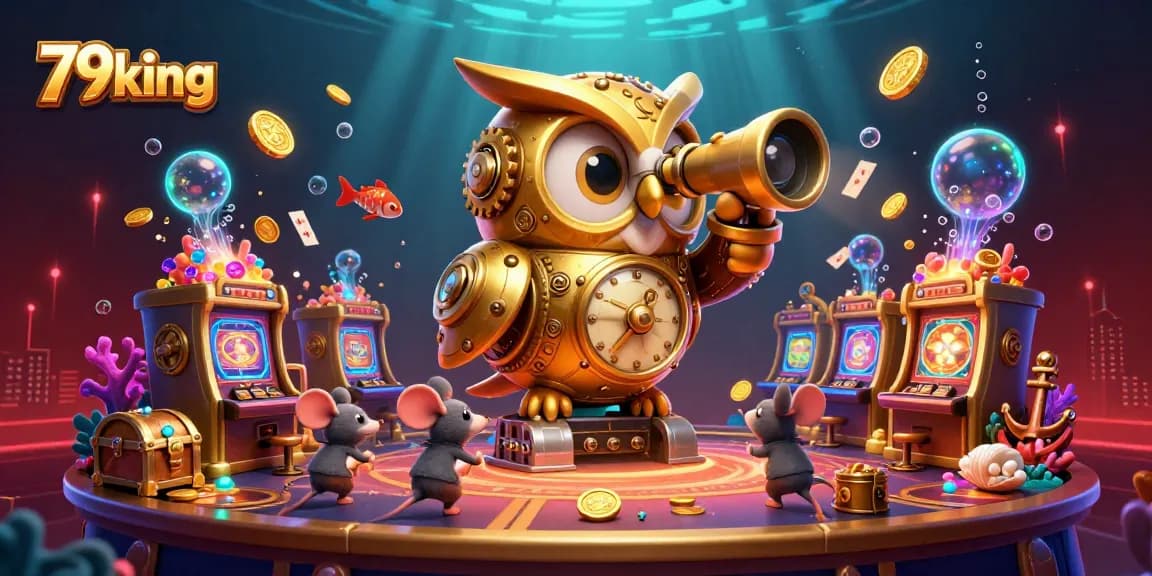 Experience the excitement of 79king with a vibrant casino scene featuring a golden owl and playful mouse patrons.