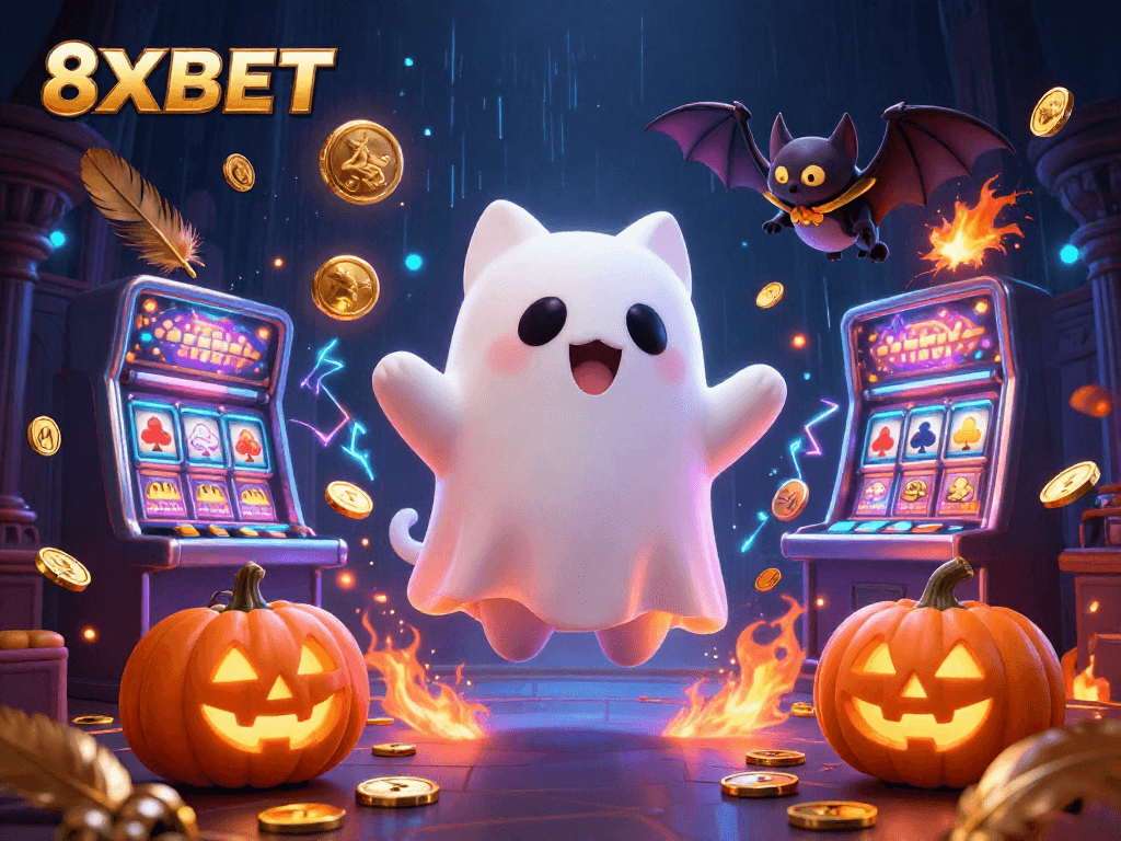Play thrilling games at 8XBET, with ghost cat and vampire bat captivating in a haunted casino.