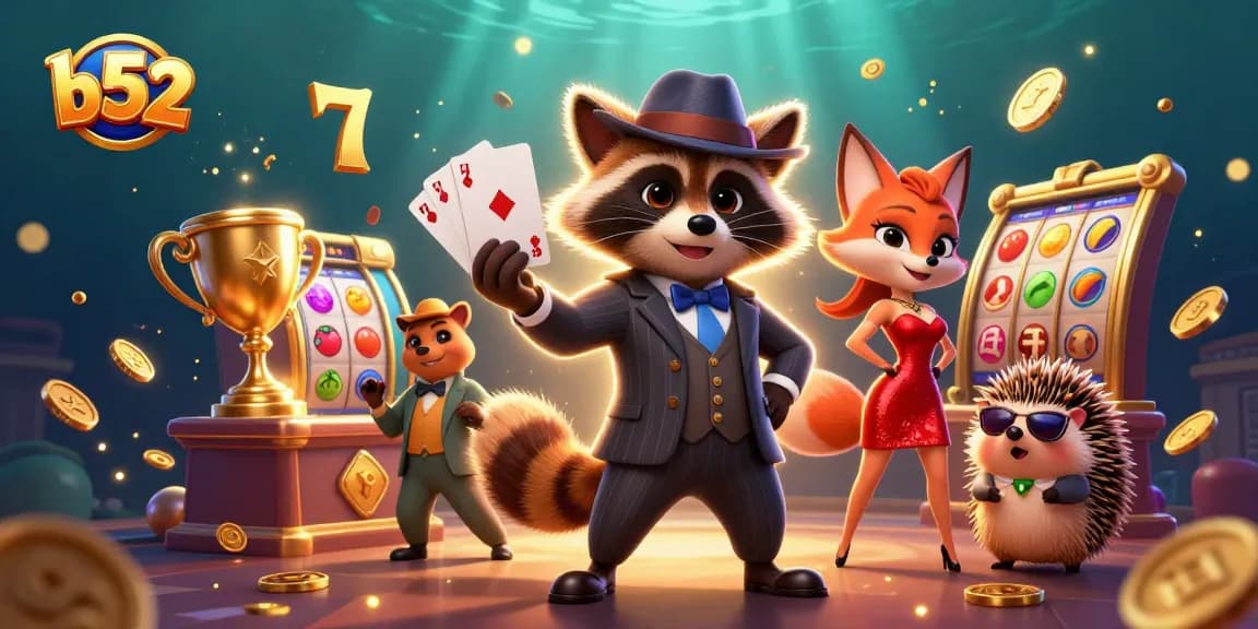 B52 casino game experience with a raccoon in a pinstripe suit and royal flush, showcasing slot reels.