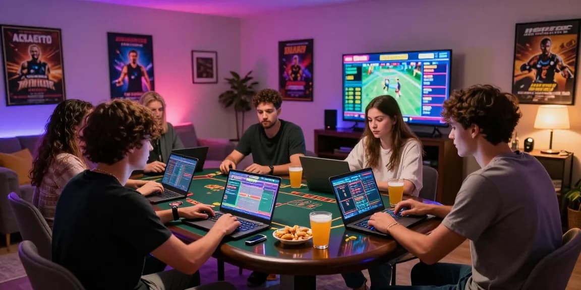 Engaging gambling game room scene with friends using ทางเข้าfun88 ล่าสุด ไม่โดนบล็อก for online betting.