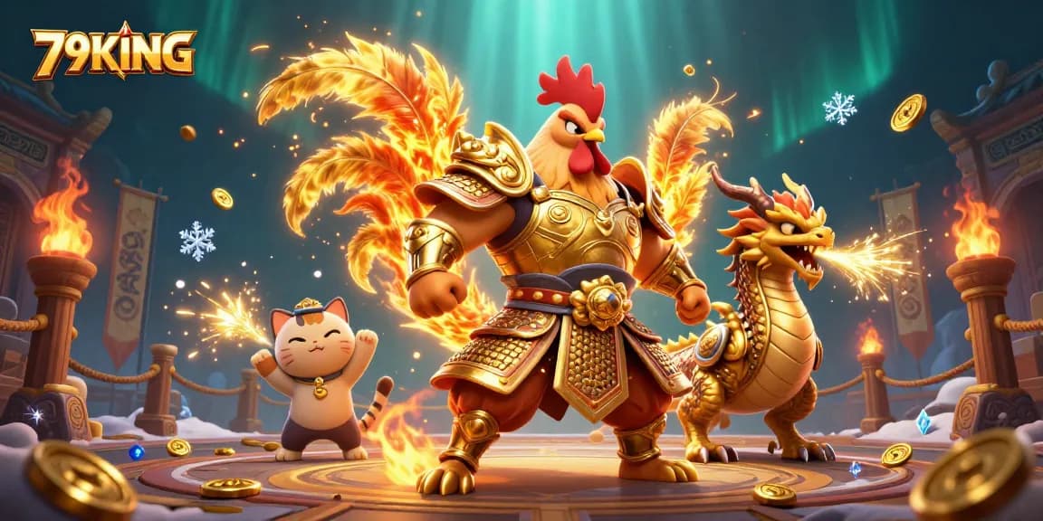 Engage with 79KING's dynamic fighting scene featuring a brave rooster and dragon in vibrant armor.