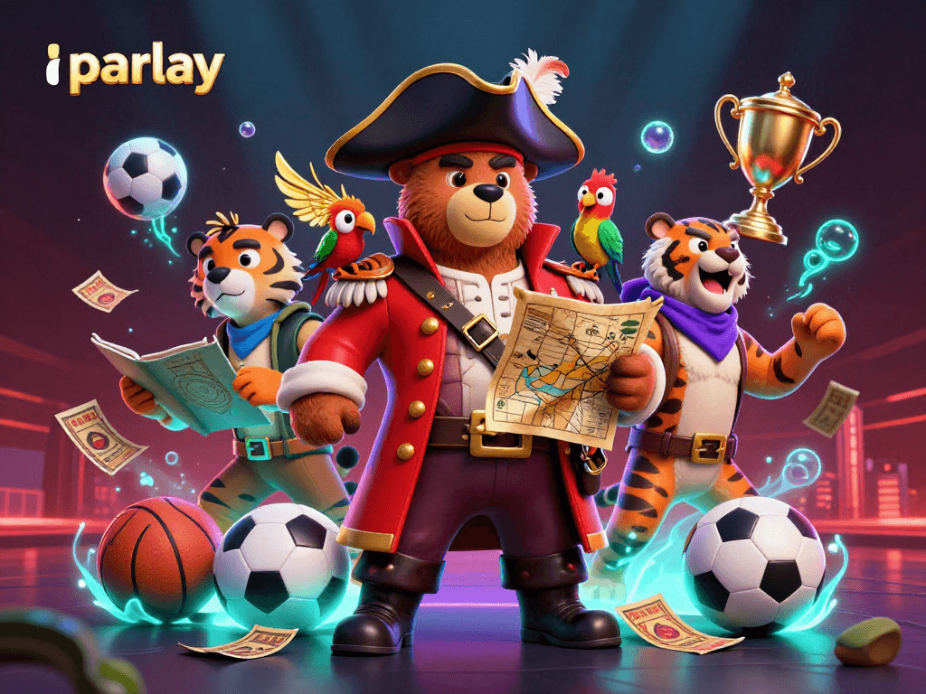 Bet on parlay strategies with a dynamic illustration featuring a pirate bear and sports elements.