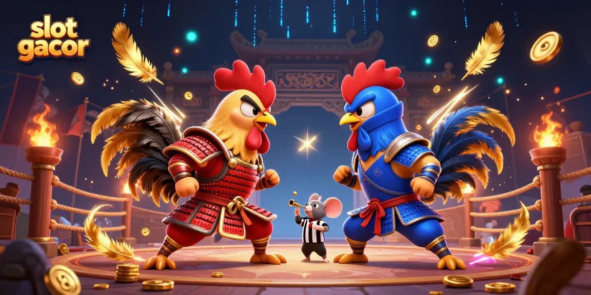 Engage in the thrill of slot gacor gaming with dynamic fighting roosters and vibrant casino elements.