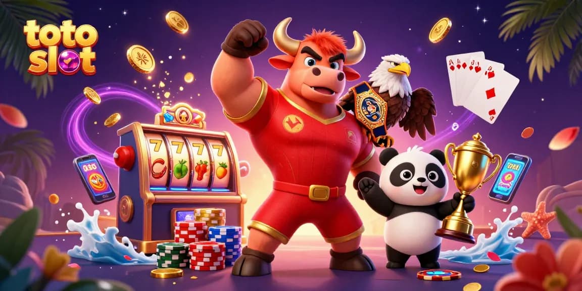 Experience thrilling wins with toto slot as cartoon characters celebrate jackpot moments amidst vibrant casino elements.