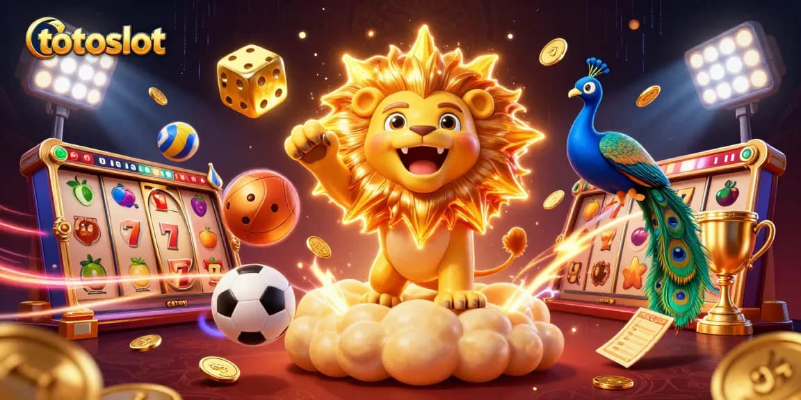 Totoslot's vibrant 3D illustration showcases a triumphant sun lion on golden clouds, embodying online slot excitement.