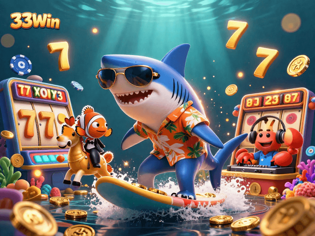 Experience the thrilling action of 33Win with vibrant 3D casino elements and lively characters.