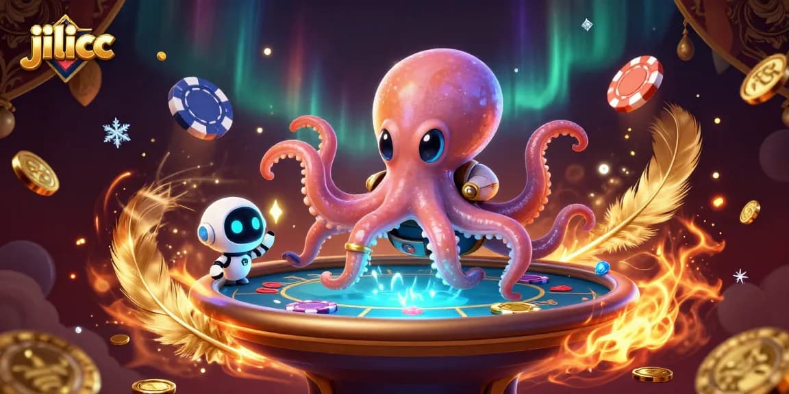 Engage in thrilling poker games at jilicc with an alien octopus and robot companion.