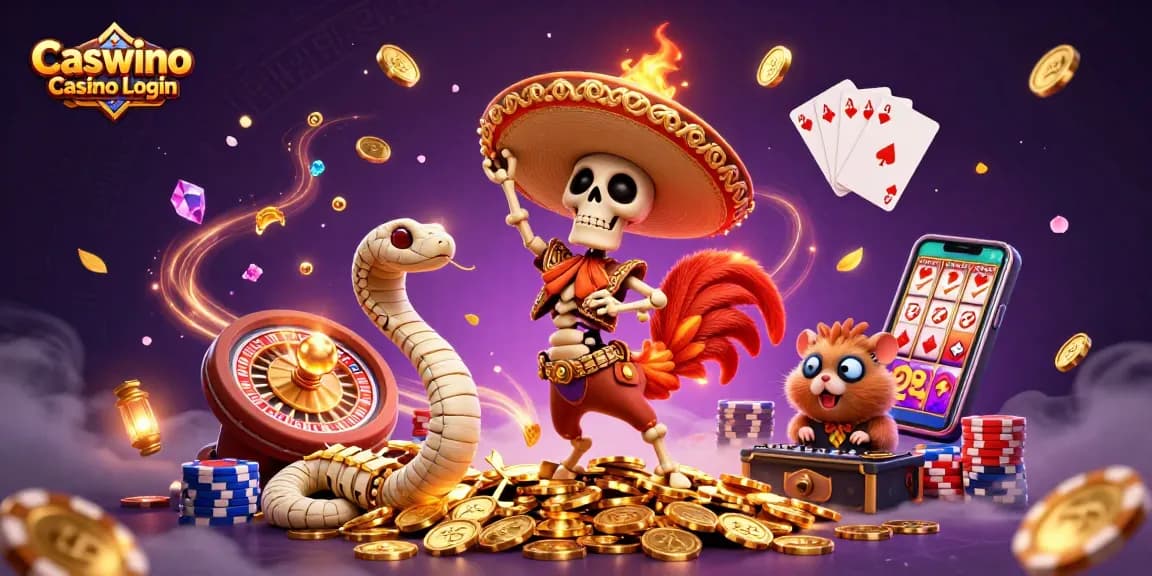 Join the fun with Caswino Casino Login featuring a skeleton mariachi, dancing over gold coins in a lively casino scene.