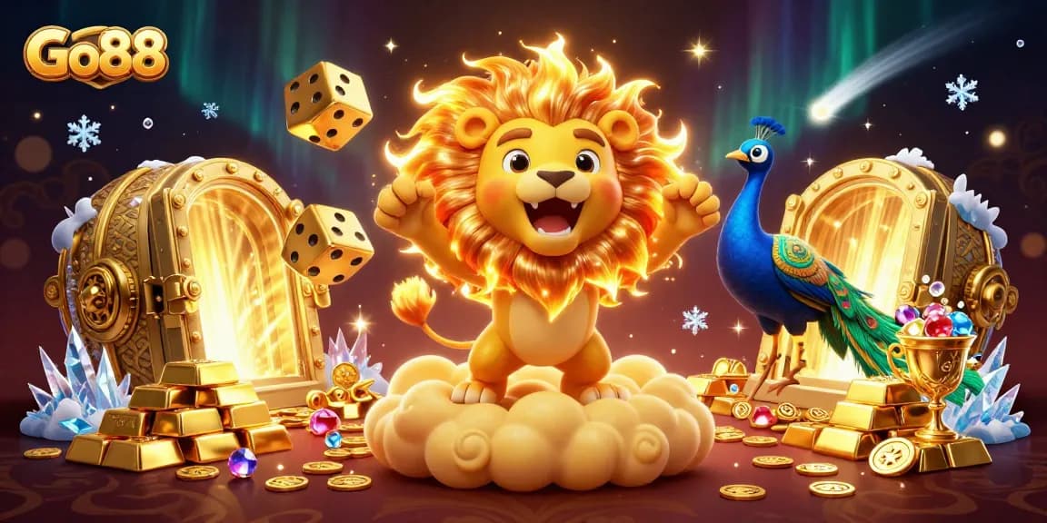 Win big at Go88 with vibrant casino elements, showcasing golden treasures and dynamic characters.