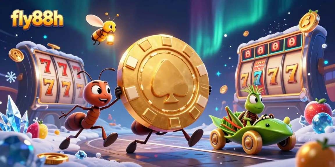 Exciting scene with fly88h showcasing a team of ants heisting a giant poker chip amid vibrant slot elements.