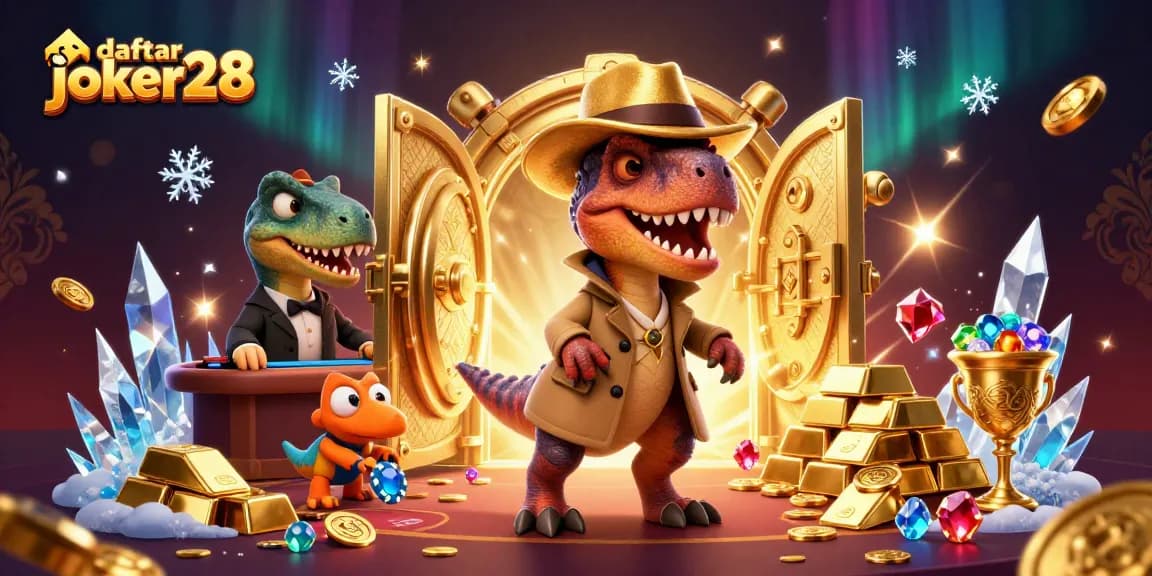 Daftar joker28 dengan velociraptor di meja blackjack dan harta karun berkilauan.