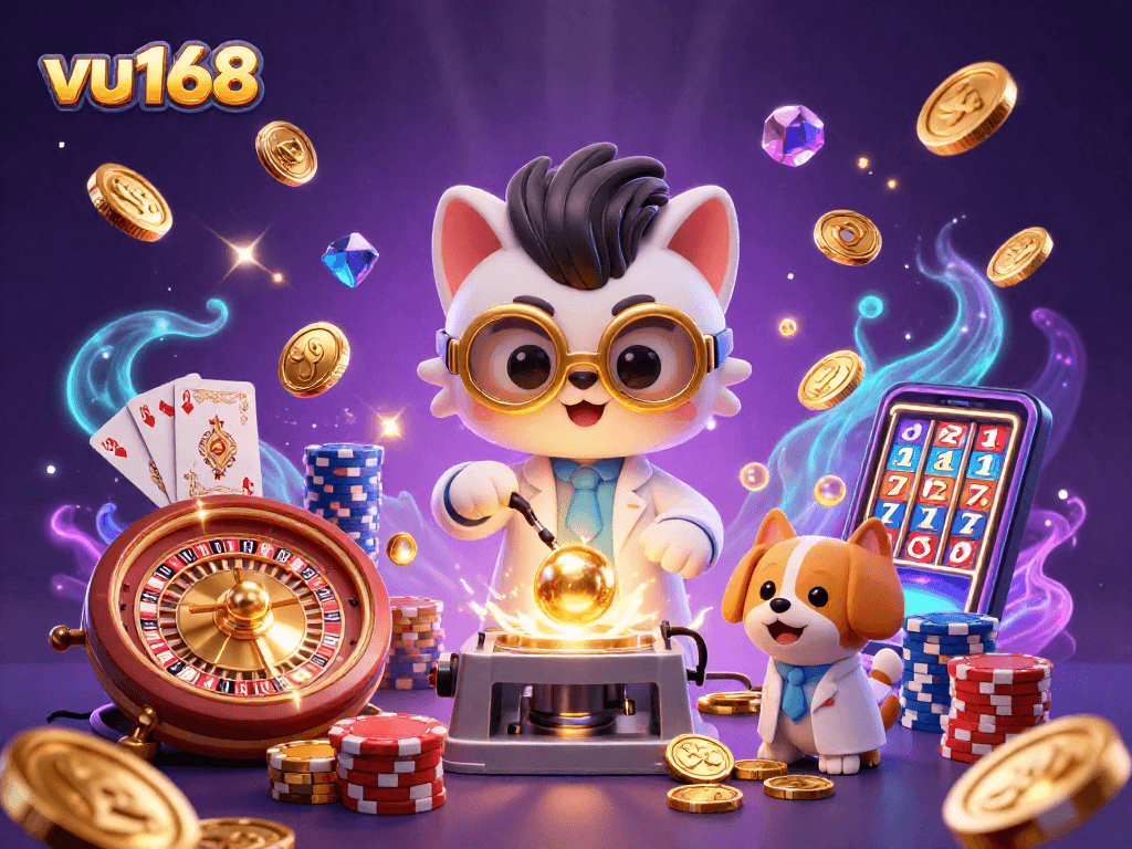 Engage with the fun at vu168, where a cartoon scientist creates a gold-coin machine amidst coins and sparkling gems.
