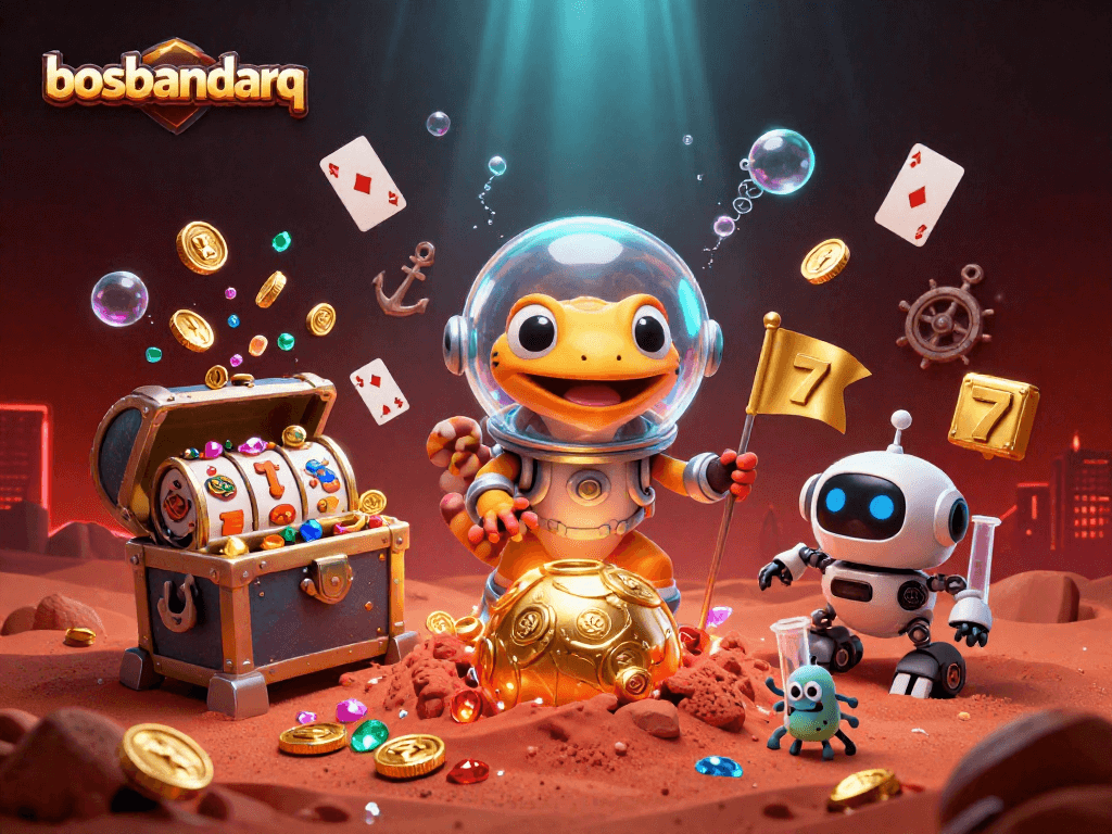 Engage with bosbandarq at a unique casino scene showcasing a Martian gecko and treasures.