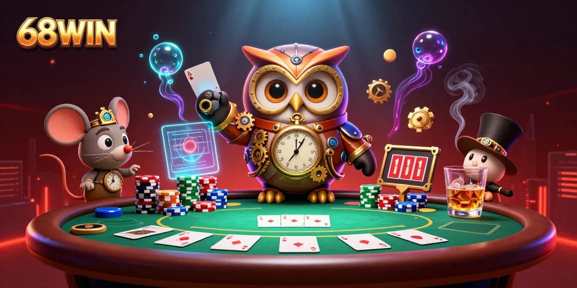 Experience the excitement of 68WIN in a vibrant casino scene featuring a time-traveling owl and poker elements.