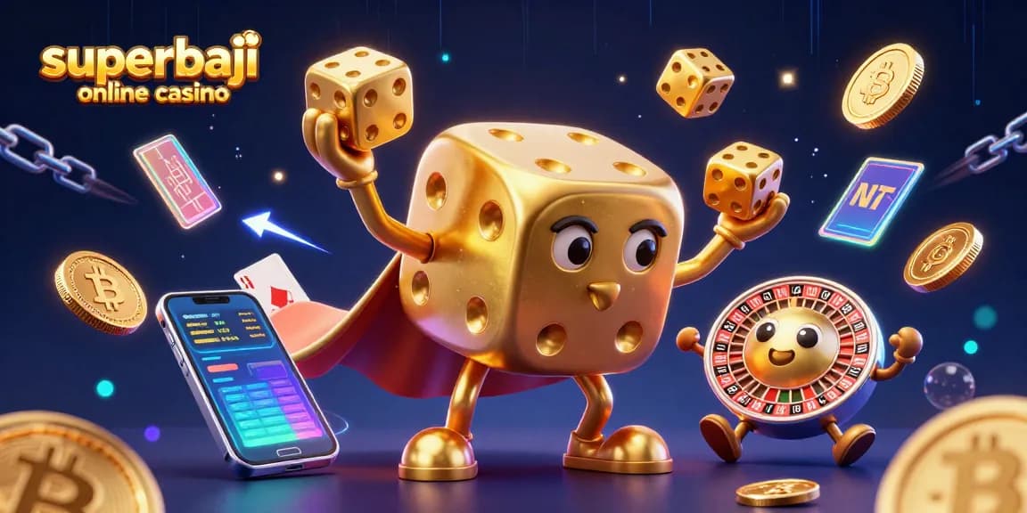Play dynamic games at superbaji online casino with a whimsical 3D cartoon illustration featuring golden dice and crypto elements.
