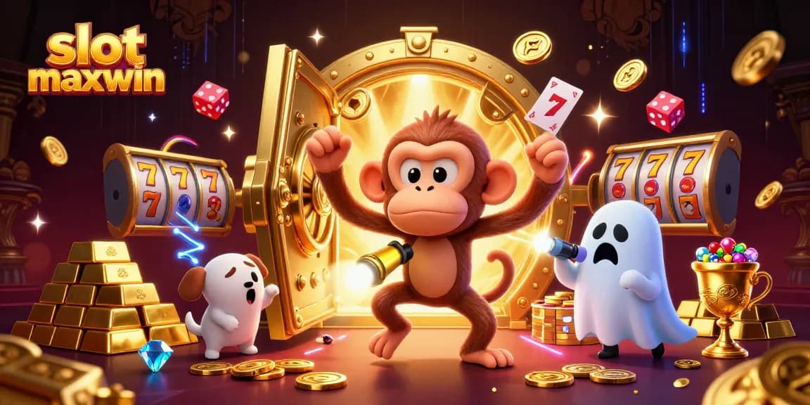 Menangkan permainan slot maxwin dengan harta karun berkilauan dan karakter yang ceria dalam ilustrasi kasino.