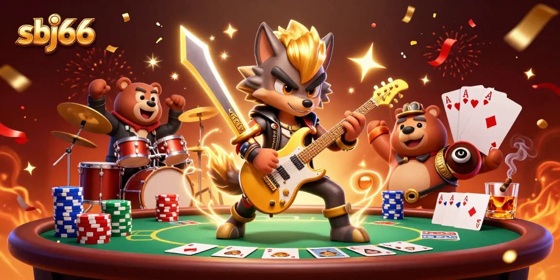 sbj66 showcases dynamic casino energy with rock star characters, poker elements, and vibrant lighting.