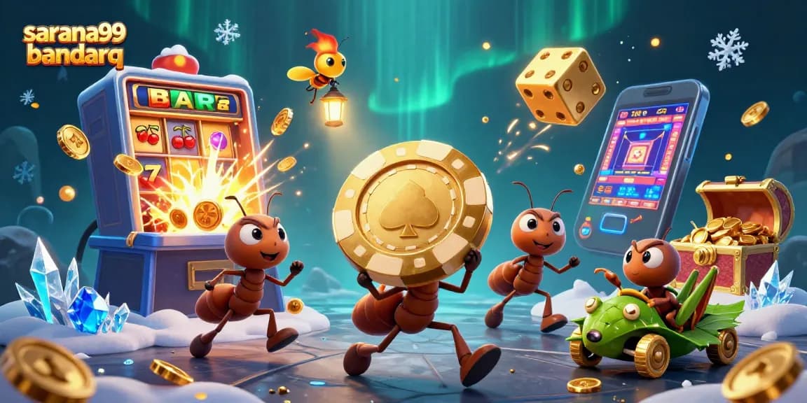 Sarana99 bandarq offers a vibrant and dynamic online casino experience featuring exciting elements like poker chips and slot machines.