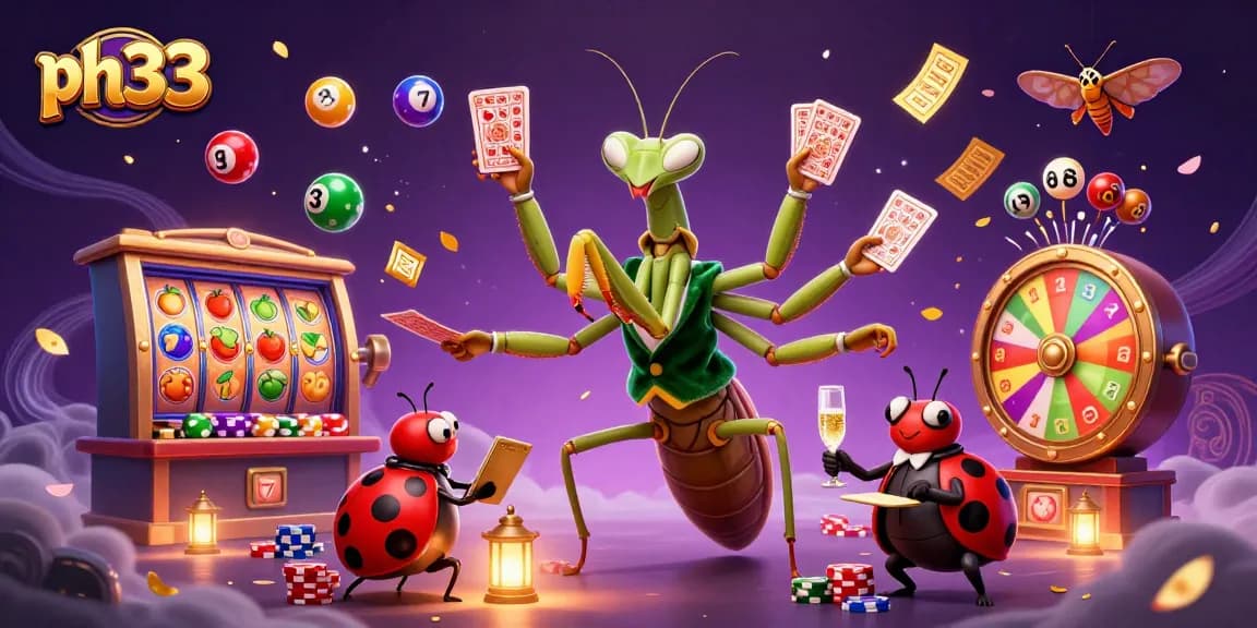 Experience thrilling gaming at ph33 with a vibrant 3D illustration of casino excitement featuring card games and jackpots.