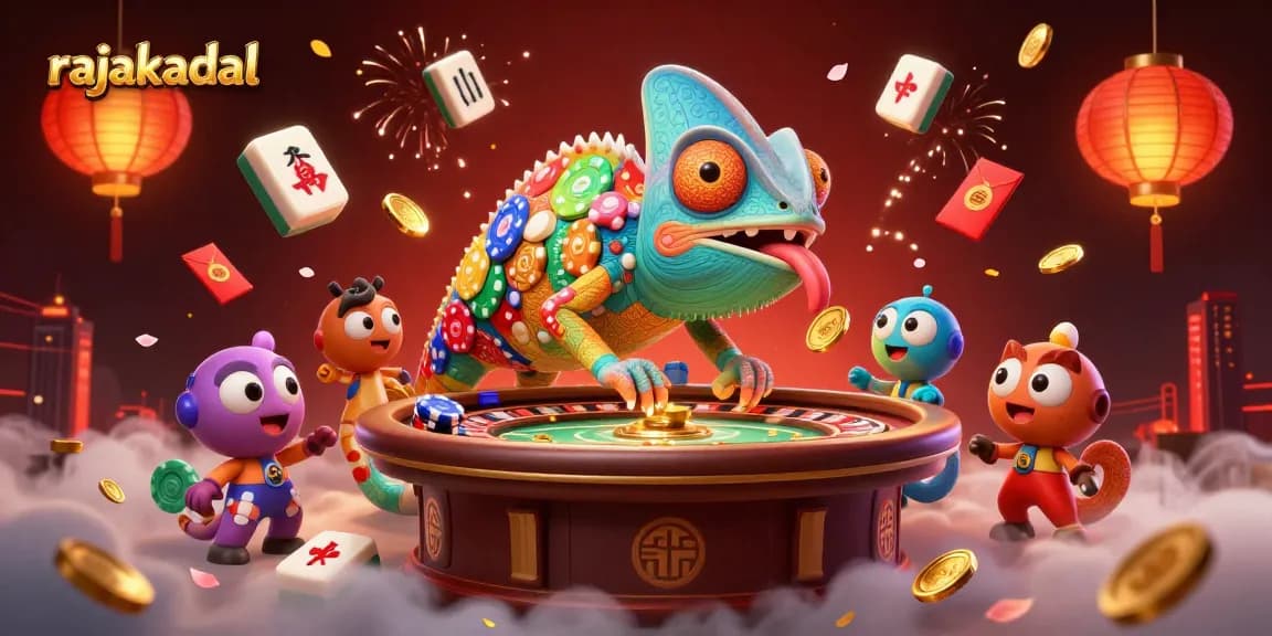 Permainan di rajakadal dengan chameleon kasino, mahjong, dan koin emas mengalir