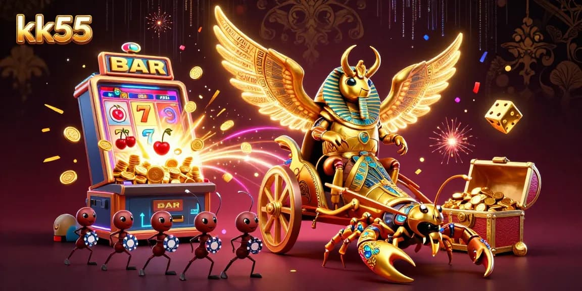 Engage with kk55's thrilling slot experience amidst a dazzling explosion of casino symbols and gold.