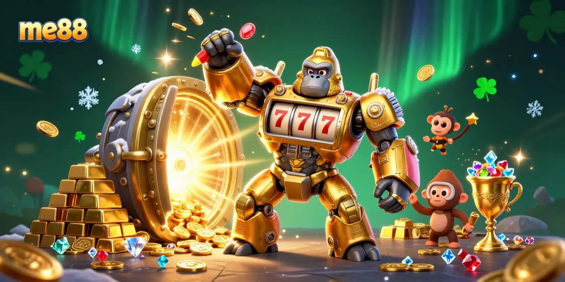 Experience thrilling wins at me88 with a powerful golden gorilla mech surrounded by treasures.
