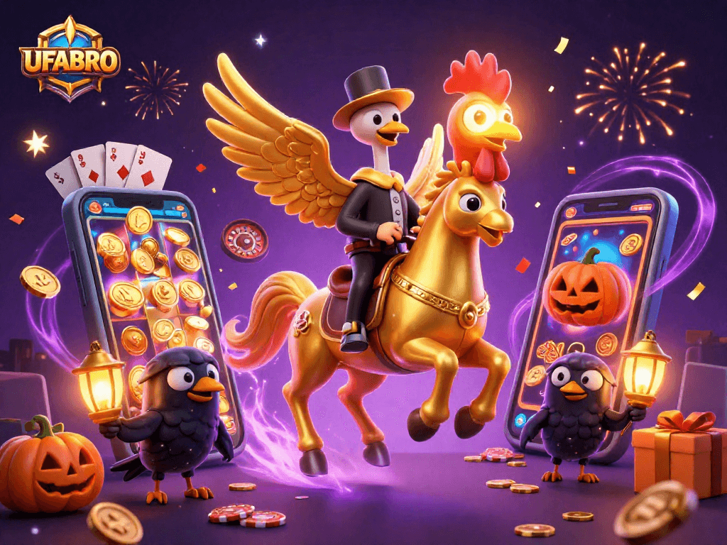 Engage with UFABRO's golden rooster riding through a mesmerizing casino atmosphere.