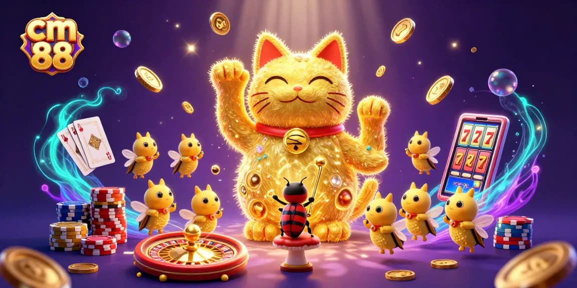Win exciting games at cm 88 featuring a giant lucky cat, spinning roulette, and vibrant casino elements.