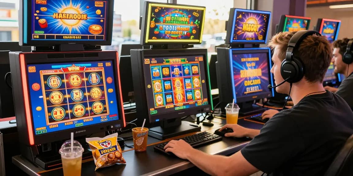 Pengalaman bermain slot jackpot yang seru di meja komputer dengan aksesori gaming di ruangan yang nyaman.