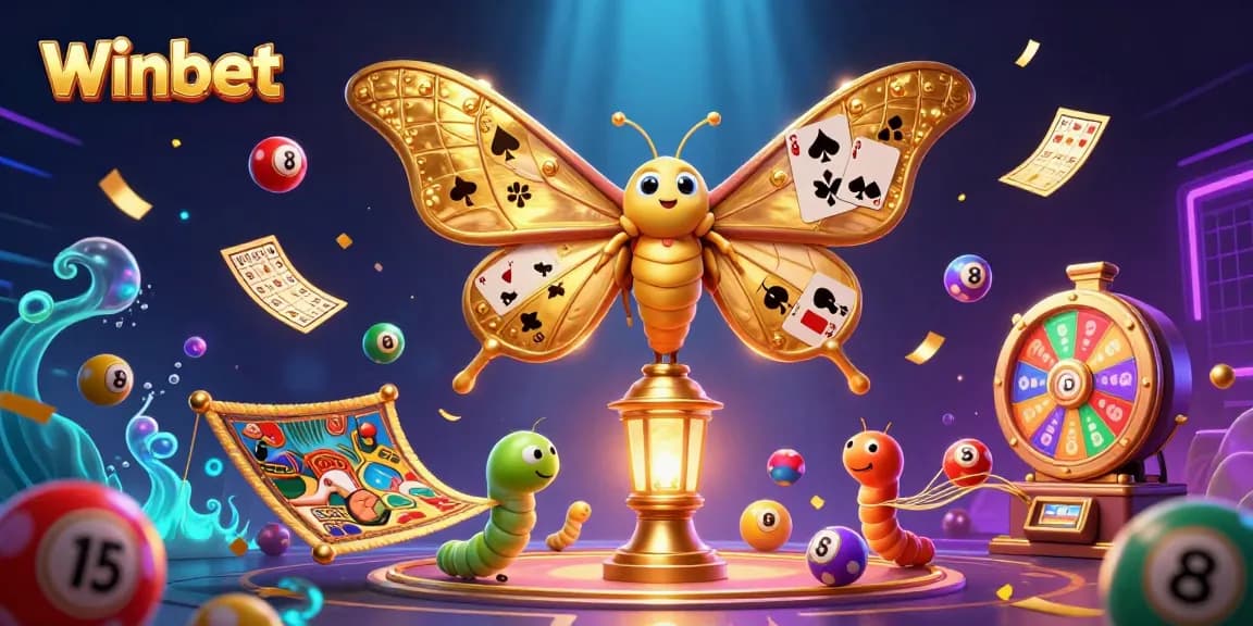Winbet promotion featuring a vibrant 3D illustration with lottery themes and golden casino elements.