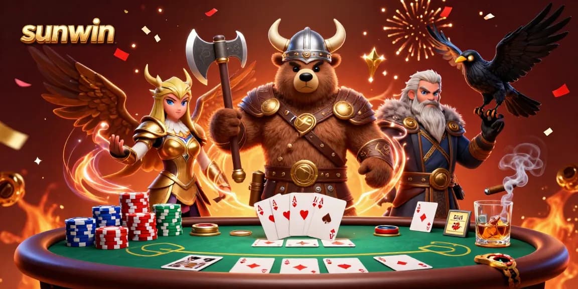 Engage with sunwin's thrilling poker action featuring a Viking bear and Valkyrie eagle amidst vibrant game elements.