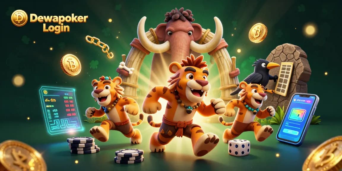 Dewapoker Login in a vibrant casino with cartoon characters, showcasing poker chips and exciting game elements.