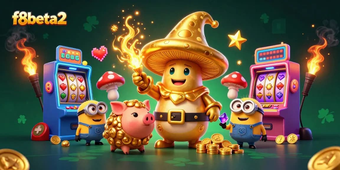 Experience f8beta2's enchanting world, where a golden wizard, truffle pig, and mushrooms welcome players to their gaming adventure.