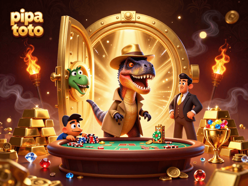 Pipa toto dynamic casino scene featuring a velociraptor card counter and treasure effects.