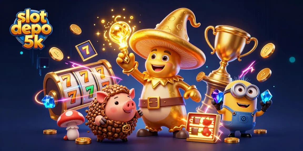 Spin to win with slot depo 5k featuring a magical golden mushroom wizard and treasure-filled gameplay.