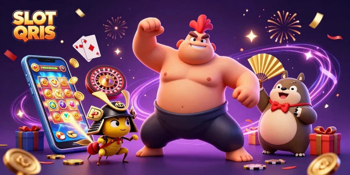 Experience the excitement of SLOT QRIS with animated characters and vibrant casino elements bursting with energy.