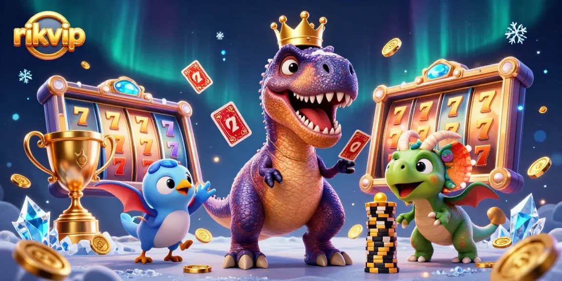Experience thrilling gameplay at rikvip with a T-Rex shuffling cards and a baby triceratops stacking chips.