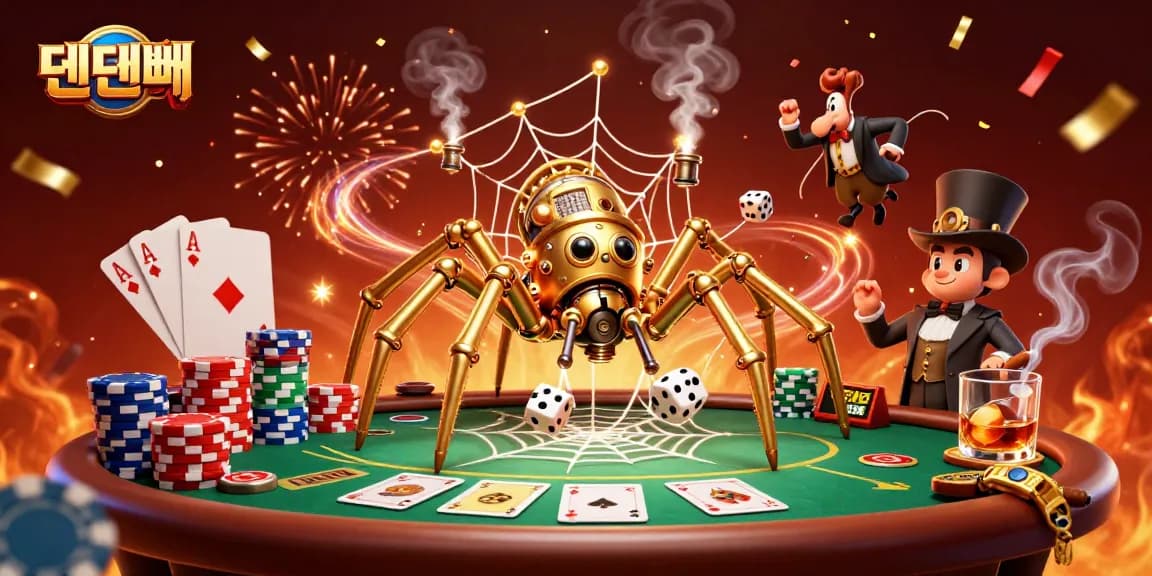 Experience the excitement at 텐텐벳 with a steampunk spider, poker elements, and vibrant celebration.