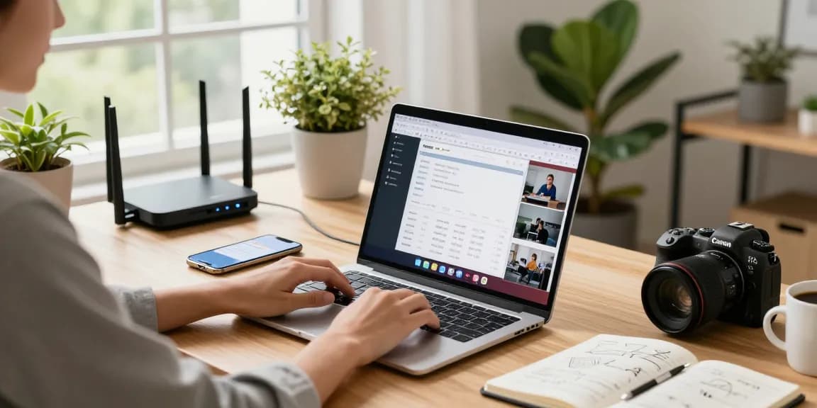 Koneksi wifi 4d di ruang kerja modern dengan laptop dan perangkat digital lainnya.