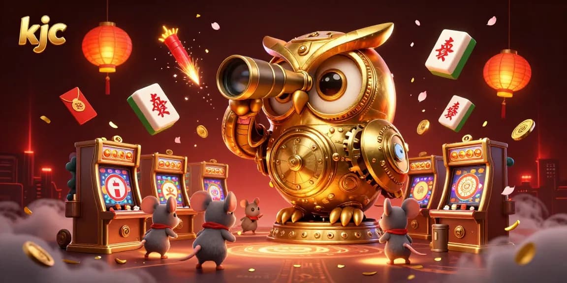 Experience the thrill of KJC casino gaming with a vibrant owl and lively patrons amidst dynamic elements.