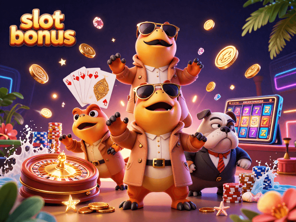 Experience the excitement of a slot bonus with raptors in a trench coat gaming at a VIP lounge.
