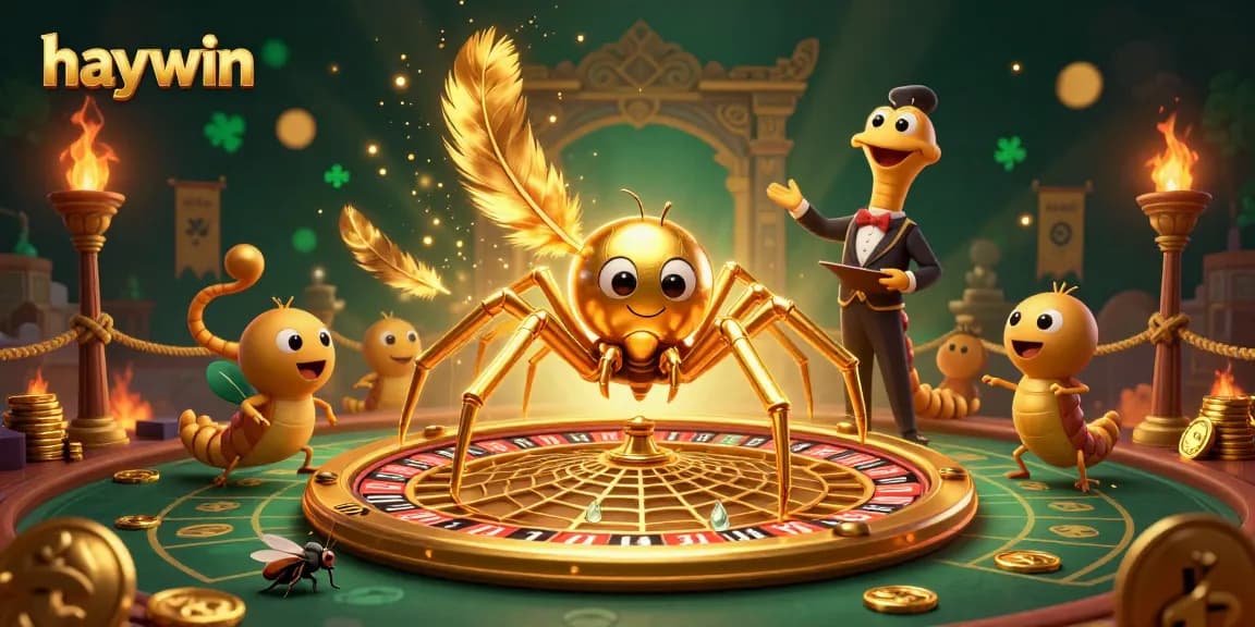 Place bets with Haywin in a fun-filled cartoon casino-themed illustration featuring a golden spider and a centipede croupier.