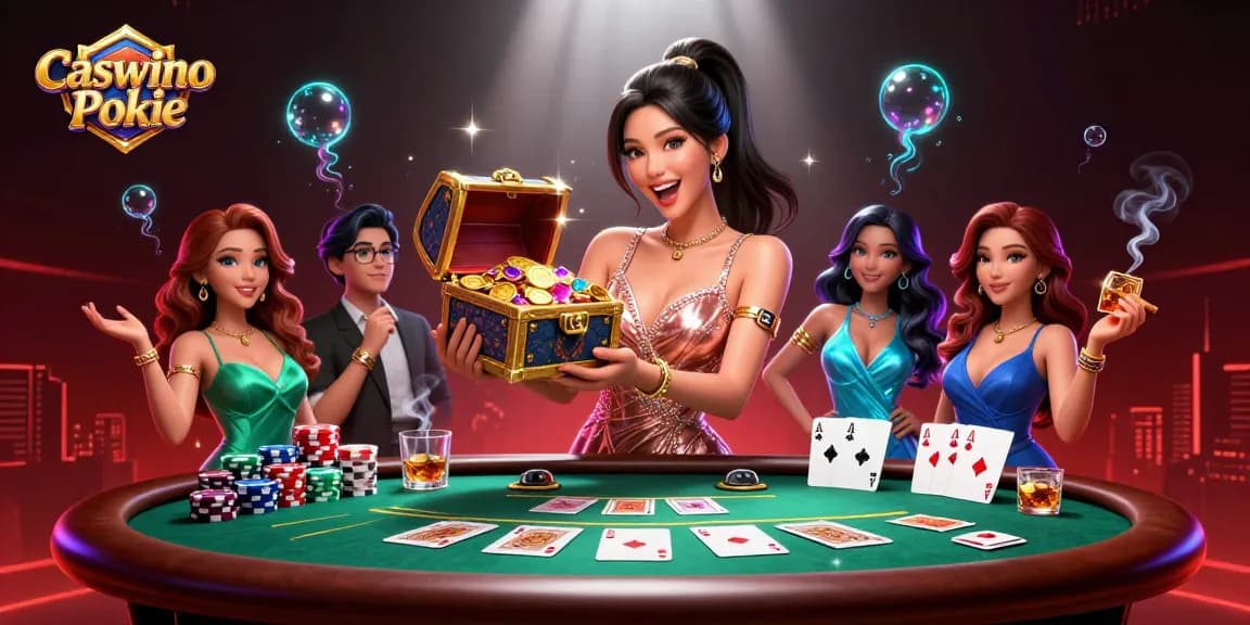 Experience the thrill of Caswino Pokie with an excited woman showcasing treasures in a vibrant casino scene.