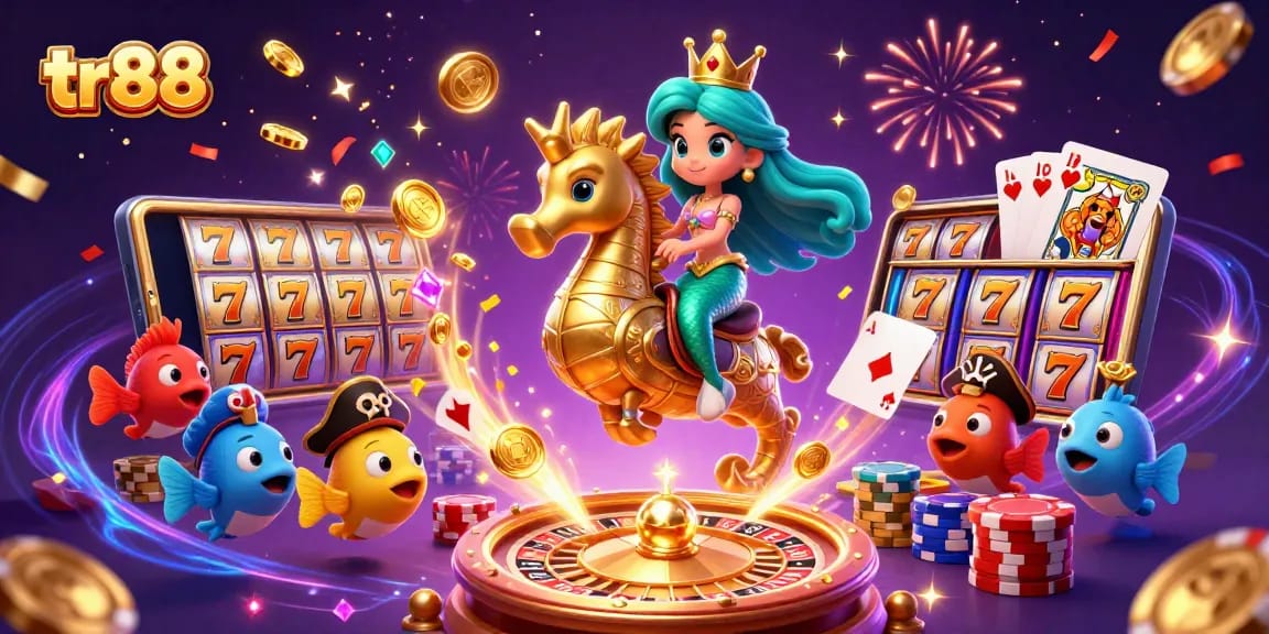 Spin and win with tr88 in this vibrant casino-themed 3D illustration filled with exciting gaming elements!
