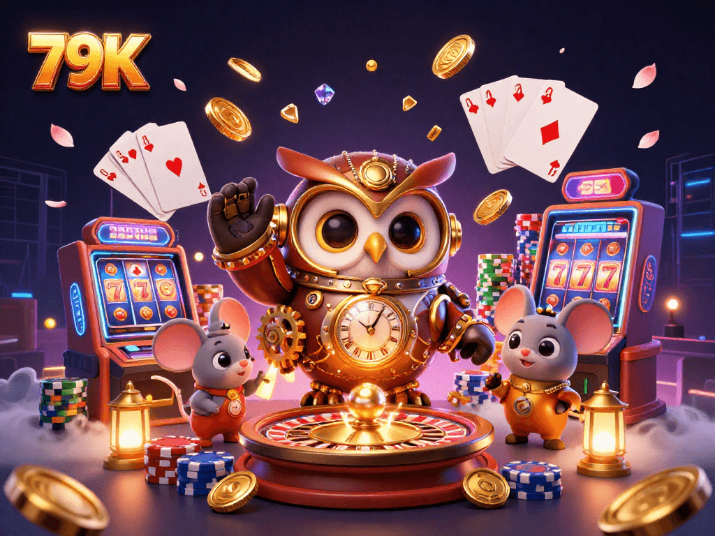 Jogue no 79K com uma coruja viajante do tempo em um cassino steampunk repleto de elementos de slot e cartas.